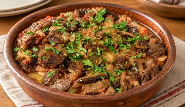 Kuşbaşı etli, kızarmış patlıcanlı Meftune yemeği