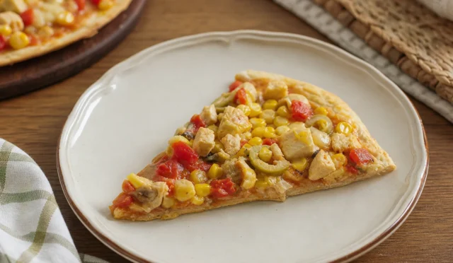 Üzerinde tavuk, mısır, zeytin ve mozzarella peynirli sıcak Mexican Pizza dilimi
