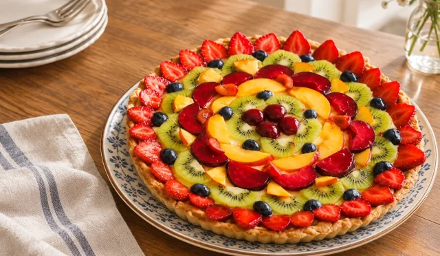 Badem unlu tabanı ve taze meyvelerle süslenmiş meyveli tart