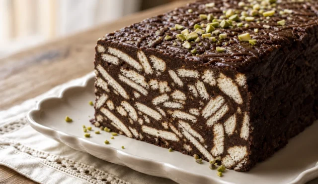 Krema ve antep fıstığı ile süslenmiş mozaik pasta dilimleri