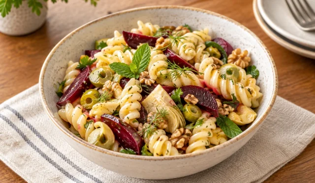 Pancarlı ve enginarlı renkli makarna salatası