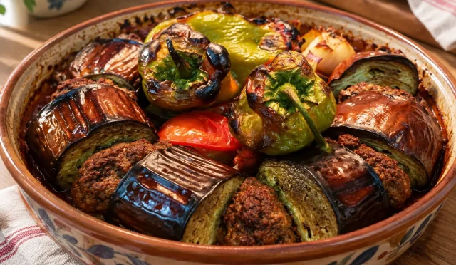 Fırında pişmiş, kıymalı patlıcan kebabı ve renkli sebzeler