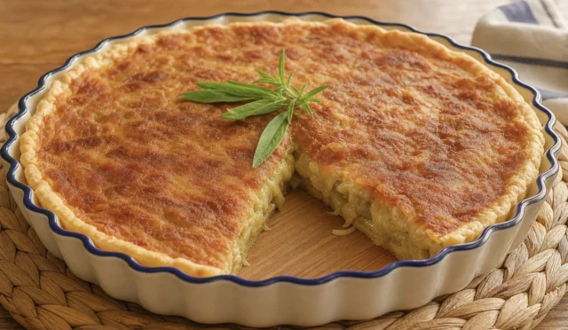 Fırından yeni çıkmış, üzeri kızarmış patlıcanlı kiş dilimi