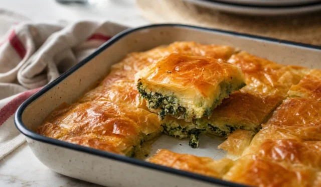Baklava yufkasından yapılmış çıtır pırasalı ıspanaklı börek dilimleri
