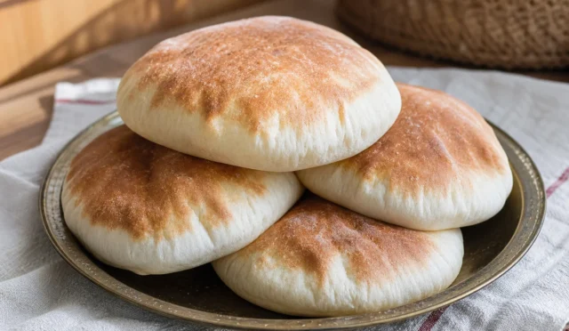 Fırından yeni çıkmış, yumuşak ve ince açılmış Pita (Gobit) ekmekleri