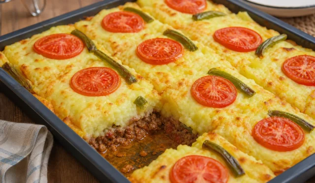 Püreli Tepsi Kebabı, üzeri patates püresi ve dilimlenmiş domates biberle süslenmiş sıcak fırın yemeği
