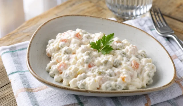 Renkli malzemelerle hazırlanmış, kremamsı dokulu Rus Salatası