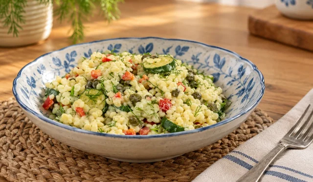 Kapya biberli ve ızgara kabaklı sebzeli kuskus salatası