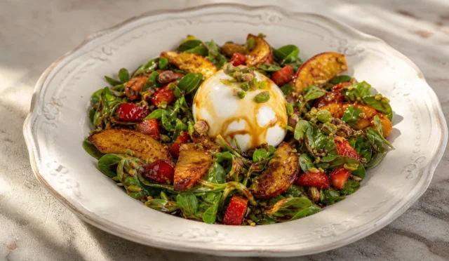 Semizotu, burrata peyniri ve karamelize şeftaliyle hazırlanmış taze ve renkli salata