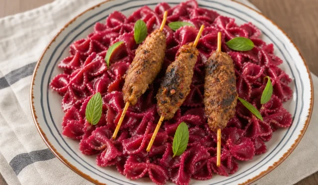 Simit kebabı ve şalgam suyunda pişmiş fiyonk makarna tabağı