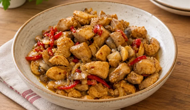 Soya soslu mantarlı tavuk, mantar ve kapya biberlerle sıcak servis edilmiş