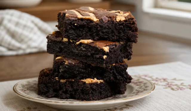 Üzerinde tahin ve fıstık ezmesi bulunan dilimlenmiş tahinli brownie