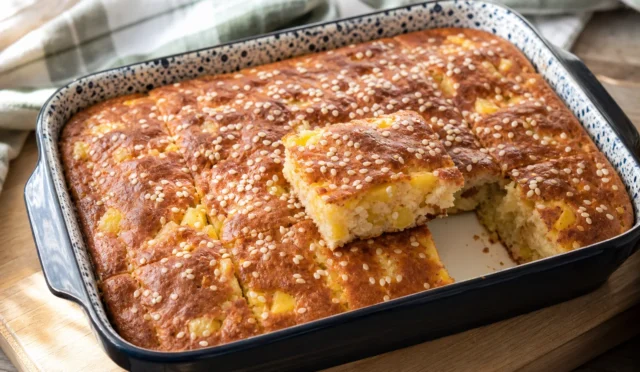 Fırından çıkmış, üzeri susamlı tam ölçülü patatesli kek dilimleri
