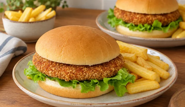 Mısır gevrekli çıtır kaplamasıyla servis edilen tavuk burger