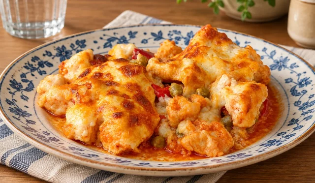 Beşamel sos ve kaşarla hazırlanmış Tavuklu Buğu Kebabı