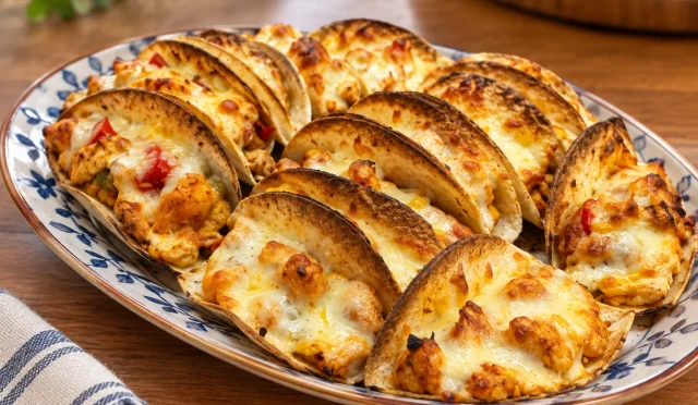 Erimiş kaşar peynirli fırında tavuklu taco