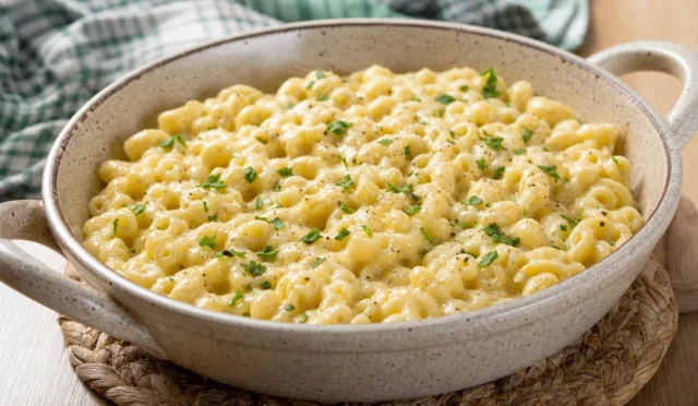 Tencerede kremamsı peynir sosuyla hazırlanan sıcak mac and cheese
