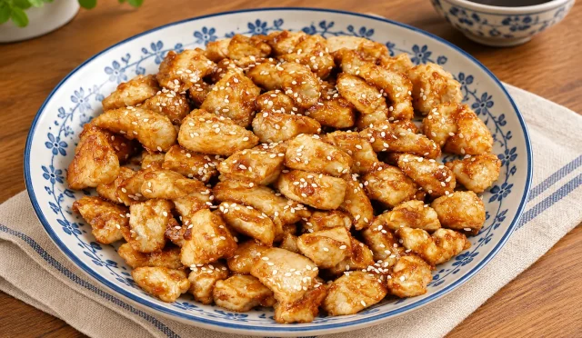 Parlak teriyaki sosuyla kaplanmış susamlı tavuk parçaları