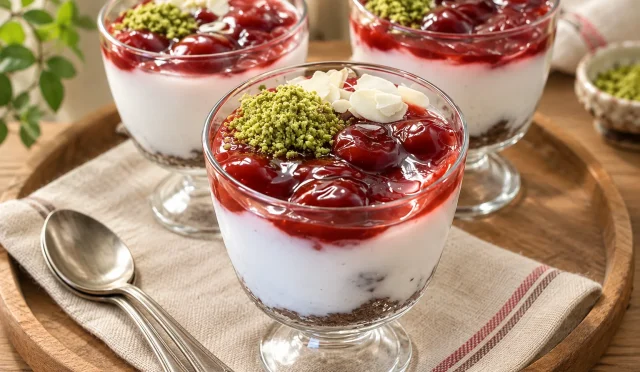 Kuplarda vişneli sütlü tatlı ve kakaolu kek katmanları