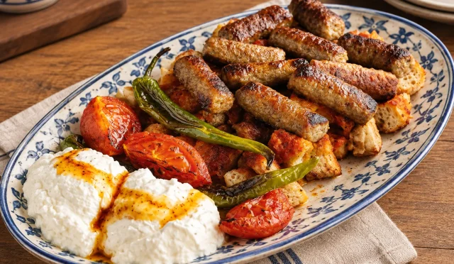 Tırnaklı pide üzerinde Tekirdağ köftesi, yoğurt, salçalı sos ve kızarmış sebzelerle yoğurtlu kebap
