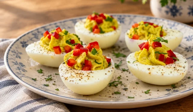 Kapya biber ve maydanozla süslenmiş yumurta mezesi