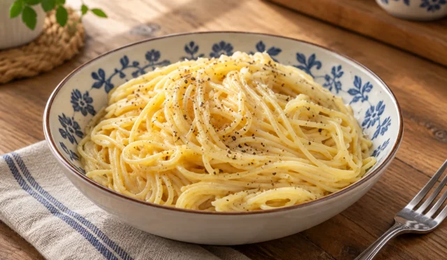 Bergama tulumlu, yumurtalı ve peynirli sıcak spagetti