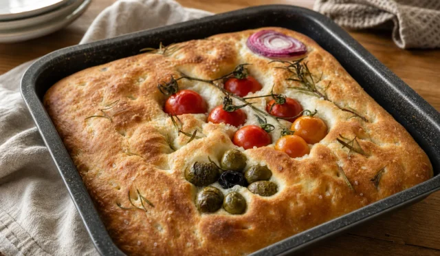 Fırından çıkmış, üzeri zeytinyağı ve hafifçe bastırılmış focaccia ekmeği