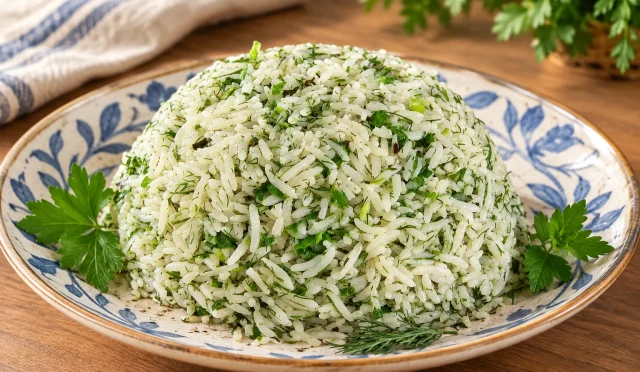 Taze otlarla hazırlanmış zeytinyağlı yeşil pilav