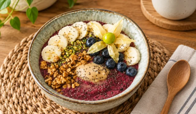 Muz, karadut ve çilekle hazırlanmış renkli acai bowl