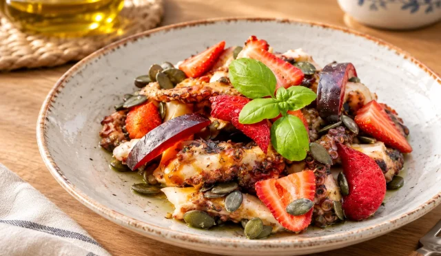 Çilek ve erikle hazırlanan renkli ahtapot salatası