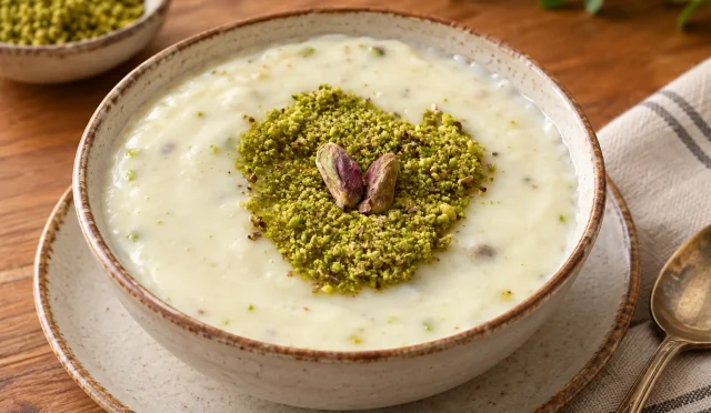 Toz ve tane Antep fıstığıyla süslenmiş muhallebi