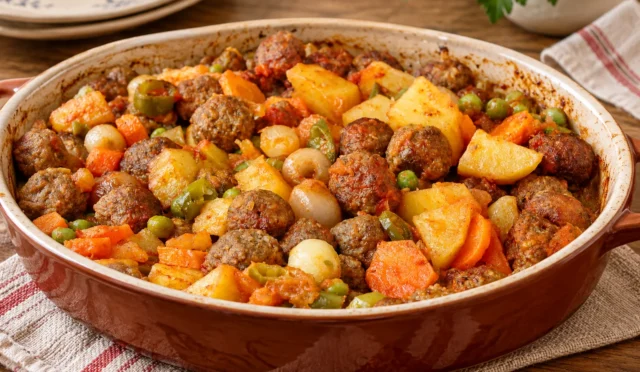 Sebzeler ve köftelerle hazırlanmış fırında avcı kebabı