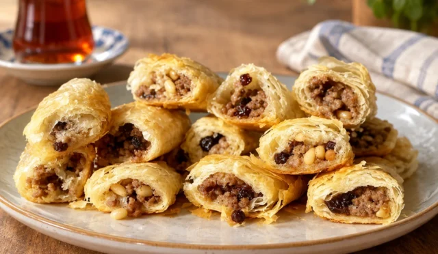 Çıtır baklava yufkasından kıymalı Sarıyer böreği