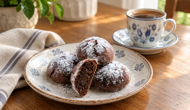 Pudra şekeri kaplı, içi çikolata parçalı brownie kurabiyeler