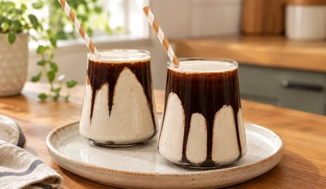 Çikolata sosu ve bisküviyle süslenmiş smoothie bardağı