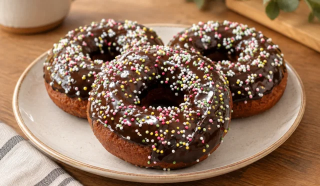Bitter çikolata ve renkli şekerlemelerle süslenmiş ev yapımı çikolatalı donutlar
