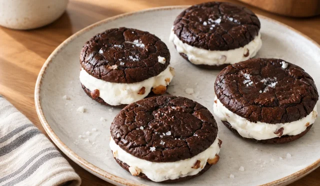 Çatlak çikolatalı kurabiyeler arasında dondurma bulunan cookie sandviçleri