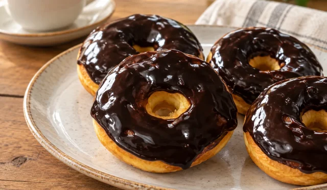 Üzeri çikolata soslu, halka biçiminde ev yapımı donutlar