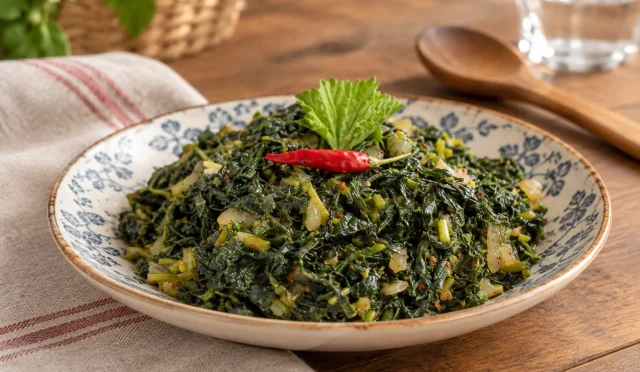 Zeytinyağlı ebegümeci kavurması servis tabağında