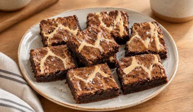 Üzerinde fıstık ezmesi ve deniz tuzu bulunan çikolatalı brownie dilimleri