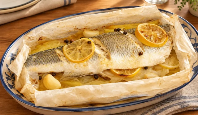Limon ve sebzelerle kağıtta pişmiş levrek