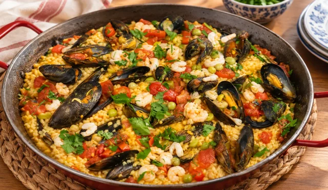 Karides, midye, pirinç ve bezelyeyle hazırlanmış renkli paella