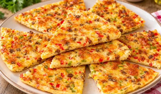 Krep pizza tarifi için hazırlanan, peynir, zeytin ve renkli biberlerle süslenmiş ev yapımı pizza görseli.