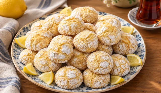 Pudra şekerli, çatlak görünümlü limonlu kurabiyeler