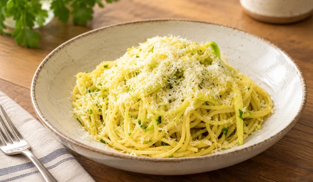 Limonlu kabaklı spagetti, maydanoz ve tulum peyniriyle servis edilmiş