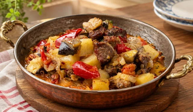 Patlıcan, patates ve kuzu etli sıcak Maraş tava