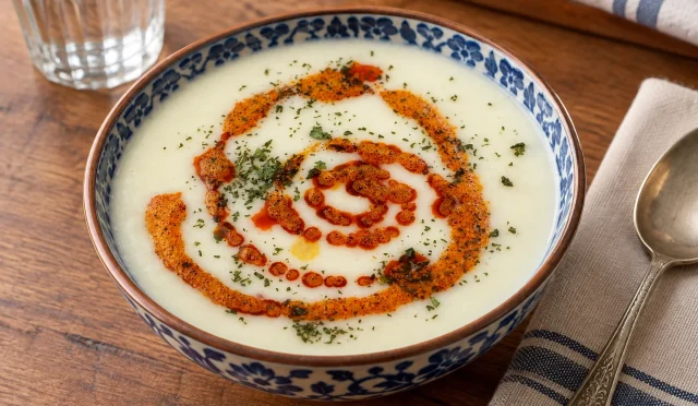 Biberli tereyağı ve nane ile servis edilen nohutlu yoğurt çorbası