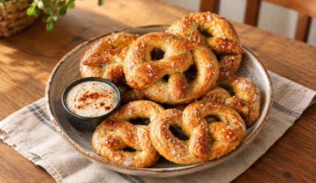 İri tuz serpilmiş, kızarmış ev yapımı pretzel