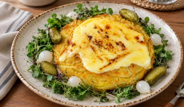 Eritilmiş raclette peynirli altın renkli patates röşti