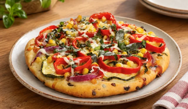 Kabak, biber, mısır ve fesleğenli ev yapımı sebzeli pizza